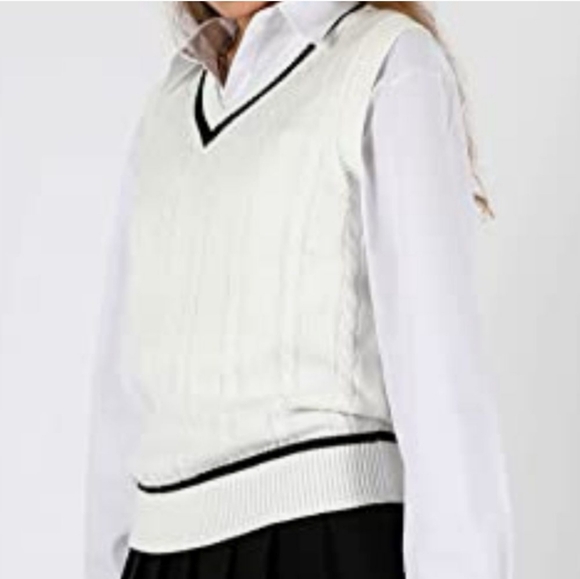 Yujianxiong knit white black stripes tennis pullover V-neck sweater vest Sz M/L - Picture 12 of 12